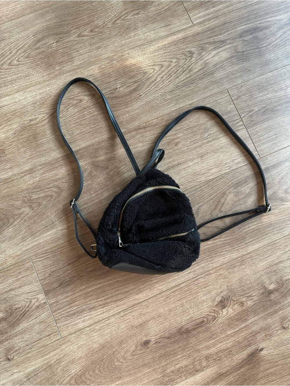 Black Sherpa Mini Backpack Faux Leather Adjustable Straps